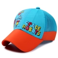 Kids baseball cap in blue and orange with Space Robots cartoon and mesh back - Orange Brim with Lake Blue