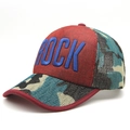 Red baseball cap with blue ROCK embroidery and camo mesh back in a profile view - Navy Blue and Red