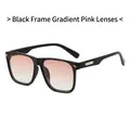 Classic black square sunglasses with gradient pink lenses and gold metal temple detail - Black Frame Gradient Pink Lenses