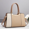 Bolso elegante para mujer con paneles tejidos y detalles de cuero marrón de calidad - 30x13x20cm / Caqui
