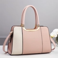 Pink and cream patchwork tote bag with gold metal handles and woven leather texture - 30x13x20cm / Pink