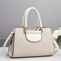 Elegante borsa in tela macaron con manici in pelle bianca e raffinata trama a intreccio - Bianco Sporco