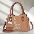Braune gewebte Handtasche mit Blumenstickerei, Ledergriffen und Umhängeriemen - Dunkelbeige