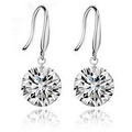 Elegant 8mm round clear cut diamond dangle earrings with silver hook fastenings - White