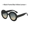 Lunettes de soleil ovales noires avec verres dégradés bleu-jaune et rivets d'or - Monture Noire / Verres Bleu-Jaune
