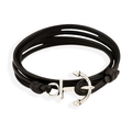 Retro multi-layer black PU leather bracelet with silver anchor buckle on white background - Black