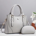 Chic beige tote bag set with vertical pleated texture and matching coin purse - Medium / Gray