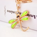Creative green enamel dragonfly keychain with sparkling crystals on golden alloy base - Zinc Alloy/Rhinestone/Enamel / Green Dragonfly