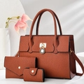 Three-piece brown leather handbag set with bark texture and elegant gold hardware - Khaki/Earth Yellow