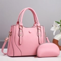 Pink faux leather handbag set with textured pleated design and matching clutch bag - Pink