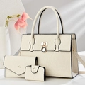 Three-piece cream white tote bag set with pleated texture and golden metal lock - Off-white