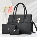 Three-piece set of black textured handbags with gold metal hardware and round twist lock - Black