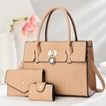 Detailed set of three apricot pleated handbags with golden hardware and elegant texture - Khaki