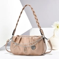 Khaki Falten-Hobo-Tasche mit gewebtem Griff und Herzanhänger an Silberketten - Khaki