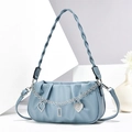 Blue pleated PU leather cloud bag with woven handle and silver heart chain charms - Blue
