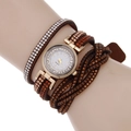 Women's quartz wrap bracelet watch with gold rhinestone dial and multi-layer brown straps - Dark Brown