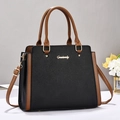 Gankaly black lychee textured leather handbag with brown handles and gold logo detail - Black