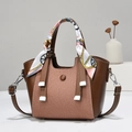 Brown leather and woven crossbody handbag with decorative silk scarf handle wrap - Coffee
