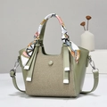 Avocado green fan-shaped handbag with woven splicing and silk scarf handle detail - Green