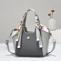 Elegant grey fan-shaped tote bag with silk scarf handle and detachable shoulder strap - Gray