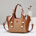 Brown leather and woven crossbody handbag with decorative silk scarf and long strap - Earthy Yellow