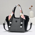 Elegant fan-shaped crossbody bag in black leather and grey woven texture with a silk scarf - Black