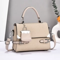 Beige woven macaron handbag with adjustable strap and matching mini pouch accessory - Khaki