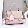 Pink macaron canvas patchwork handbag with detachable strap and small bag charm decoration - Pink