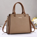 Litchi pattern vintage brown handbag with dual handles and golden metallic logo - Khaki