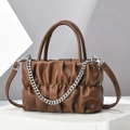 Chocolate brown pleated leather crossbody bag with silver chain and geometric stand - Coffee