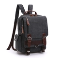 Vintage dark grey canvas backpack with brown leather straps and multi-pocket design - Black Upgraded Backpack