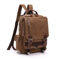 Vintage brown canvas backpack with leather straps and multiple pockets in 45-degree view - Coffee Backpack