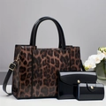 Three-piece women's handbag set featuring leopard print tote and black patent clutch - Coffee