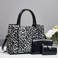 Three-piece leopard print tote bag set with glossy lacquer clutch and mini purse - Black
