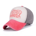 Vintage tri-color baseball cap with pink brim, racing print, and distressed edges - Watermelon Red Brim / Brown