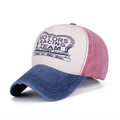 Vintage colorblock racing baseball cap with faded blue, beige and red cotton panels - Navy Blue Brim & Wine Red