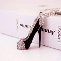 Elegant black high heel keychain with sparkling rhinestones and silver metal finish - Black