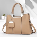 Elegant khaki lychee grain leather tote bag with silver hardware and mini pouch charm - Khaki