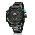 All-black stainless steel sports watch with luminous green accents and dual LED display - Black Steel Green Accents