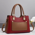 Contrast color patchwork leather tote bag with top handle and adjustable shoulder strap - Red