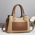 Elegant beige and brown patchwork leather handbag with top handles and adjustable strap - Khaki