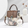 Elegant paisley print mini handbag with brown leather strap and cute plush charm pendant - Coffee