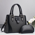 Contrast color patchwork tote bag set with matching half-moon pouch and gold hardware - Black