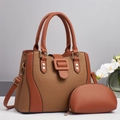 Elegant brown woven leather tote bag with a matching small coin purse and gold hardware - Earthy Yellow