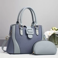 Chic two-piece patchwork handbag set with grey-blue fabric and leather panels - Blue