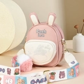 Pink rabbit-shaped PU leather crossbody bag with cartoon strap and fuzzy pompom - Pink and White