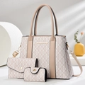 Three-piece set featuring a luxury geometric monogram tote bag with matching wallets - Light Khaki