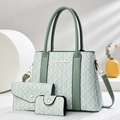 Danteiliges Damen Handtaschen Set mit Shopper und Clutch in grün-weißem geometrischem Muster - Grün