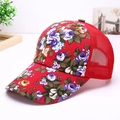 Red floral print mesh baseball cap with vibrant rose patterns and breathable back - Red