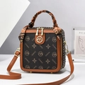Schicke braun-schwarze Monogramm-Handtasche mit Seidenschal-Griff und Gold-Hardware - Kaffee & Senfgelb